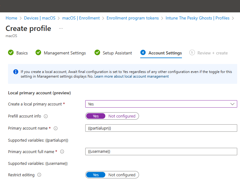 Configuring account settings for macOS ADE profile